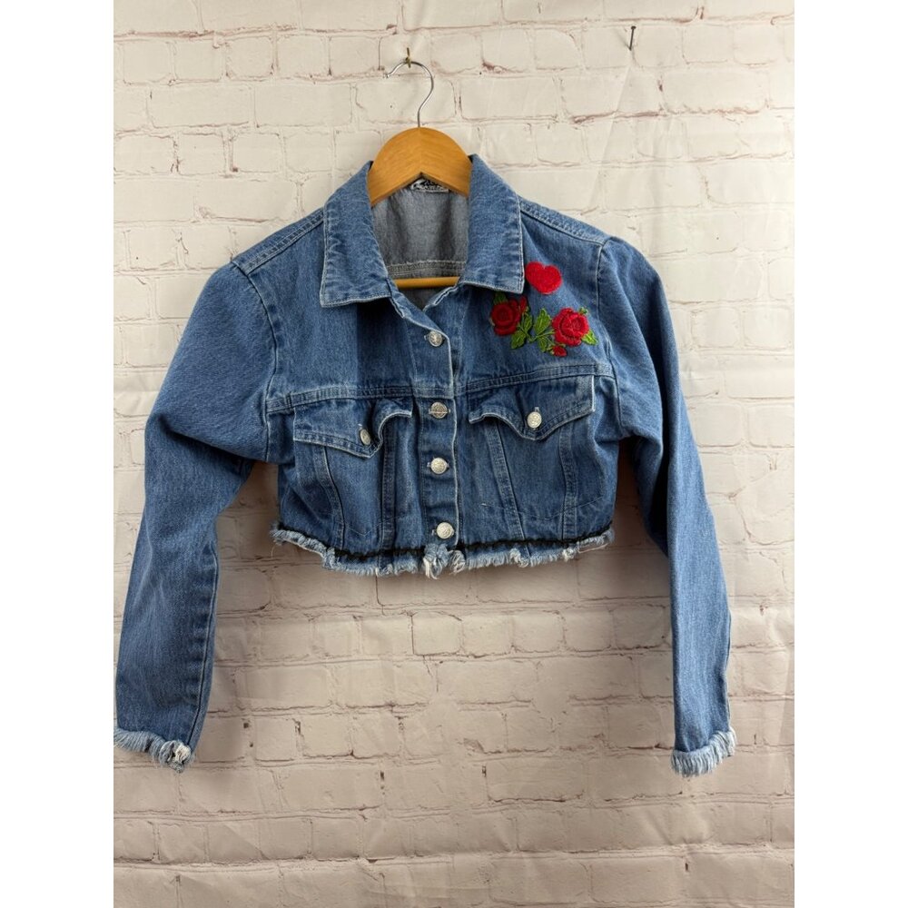 Denim Heart Rose Cropped 80s / 90s Jean Jacket Embroidery Y2K Streetwear (READ)